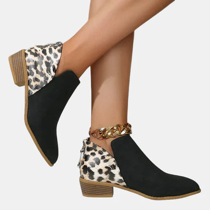 Black and leopard-print ankle boots with gold chain ankle strap and block heel