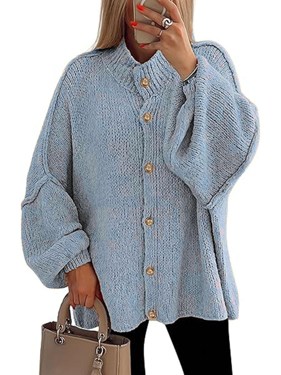 Cozy button-down long sleeve chunky knit jacket in light blue with gold buttons