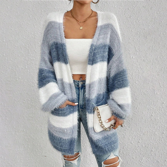 Fuzzy open-front long sleeve cardigan with blue and white horizontal stripes