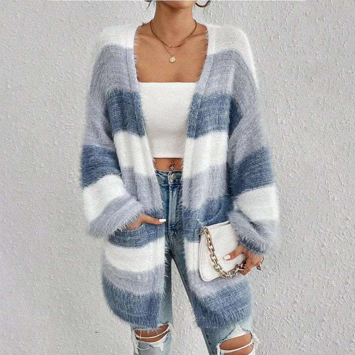 Fuzzy open-front long sleeve cardigan with blue and white horizontal stripes