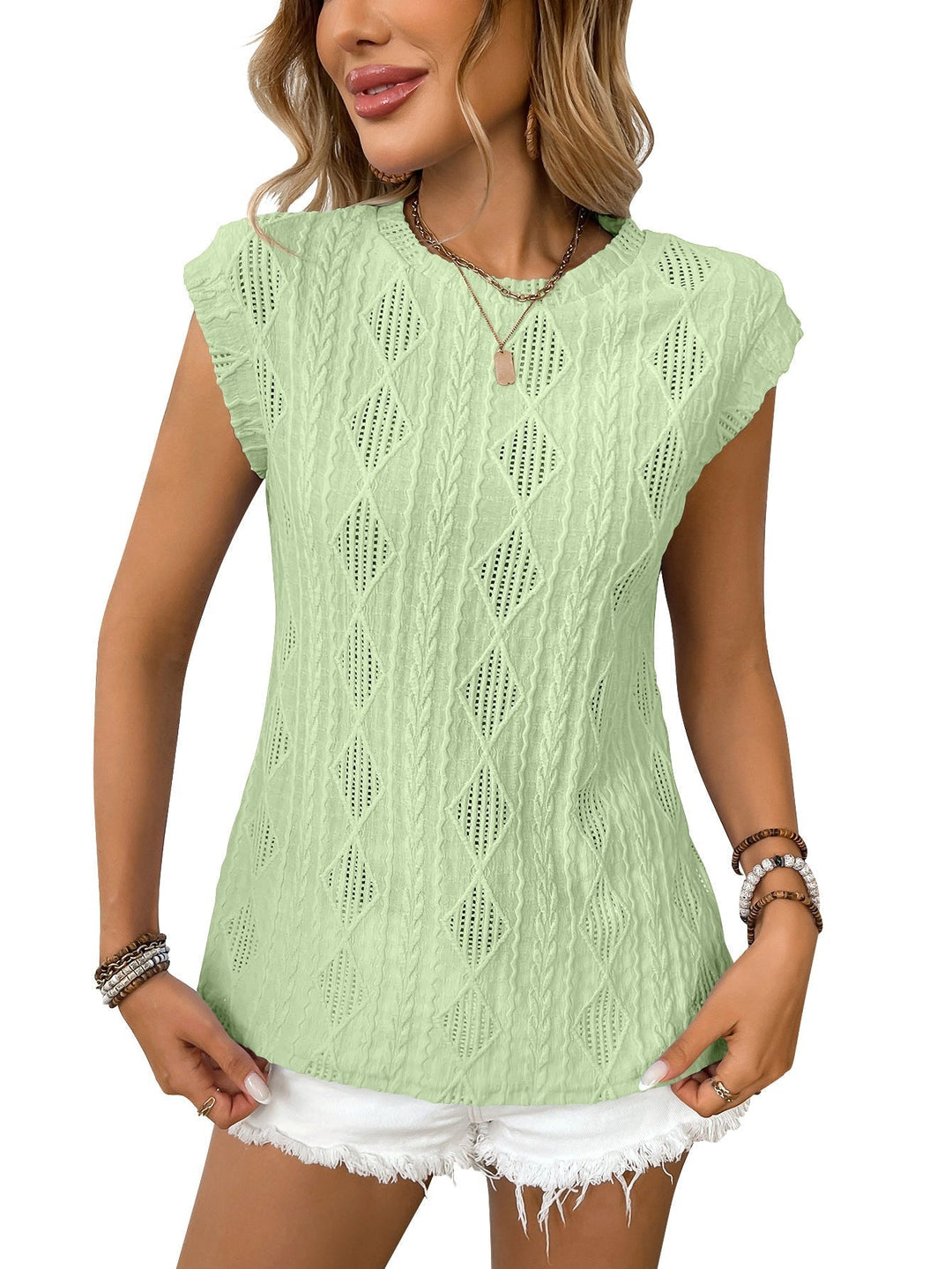 Light green women’s lightweight knit tee with short sleeves and diamond-textured pattern