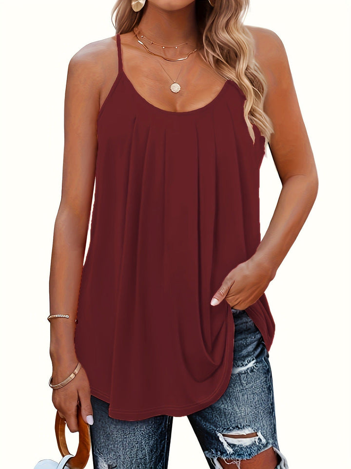 Women’s lightweight spaghetti-strap top, claret, scoop neck, pleated front, draped hem