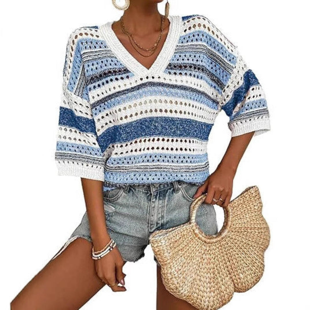 KELISE™ striped crochet V-neck summer top in cream and blue stripe tones