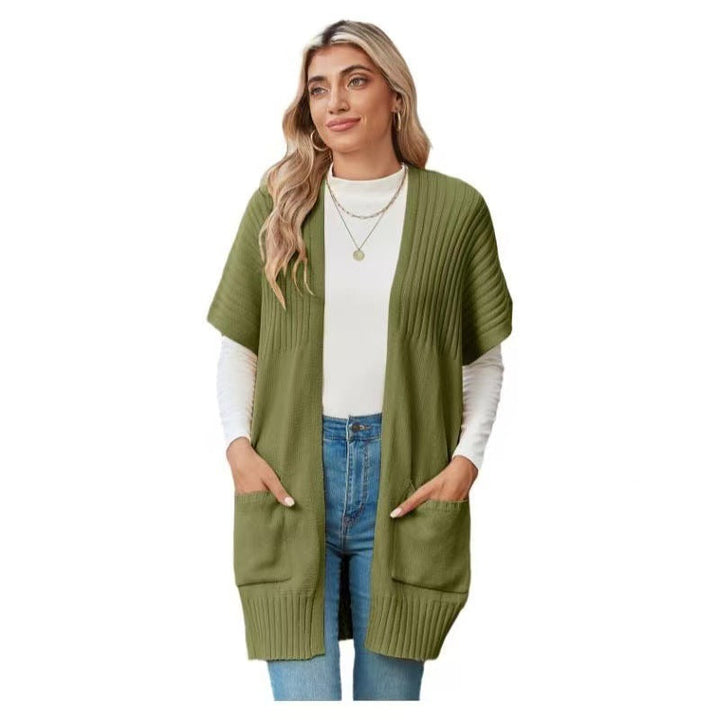 Lightweight open-front knit cardigan in army green with patch pockets and ribbed hem