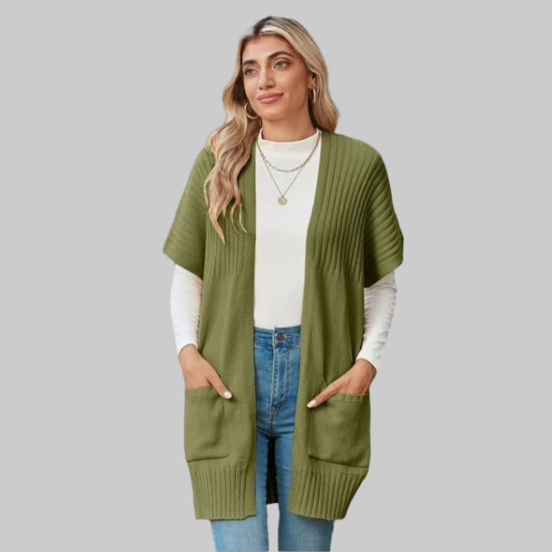 Army green open-front knit cardigan with patch pockets and ribbed cuffs