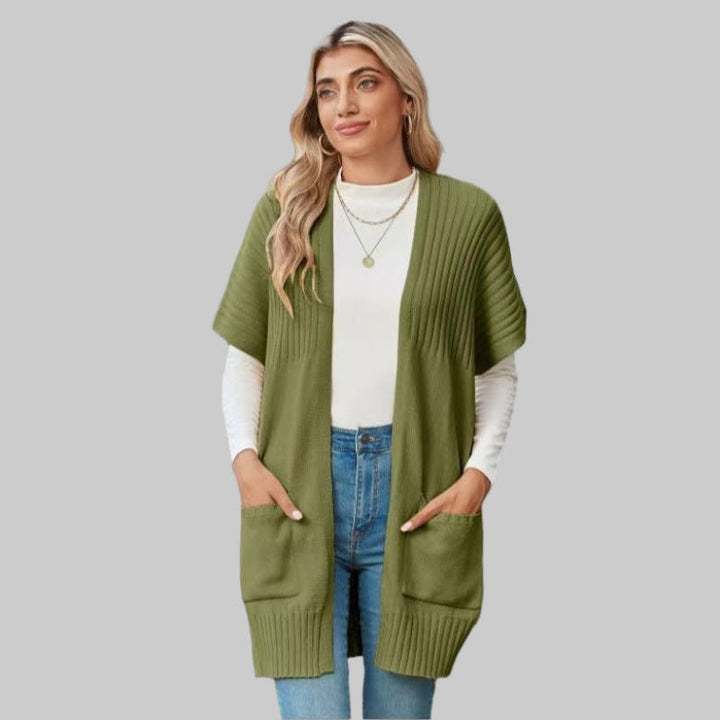 Army green open-front knit cardigan with patch pockets and ribbed cuffs