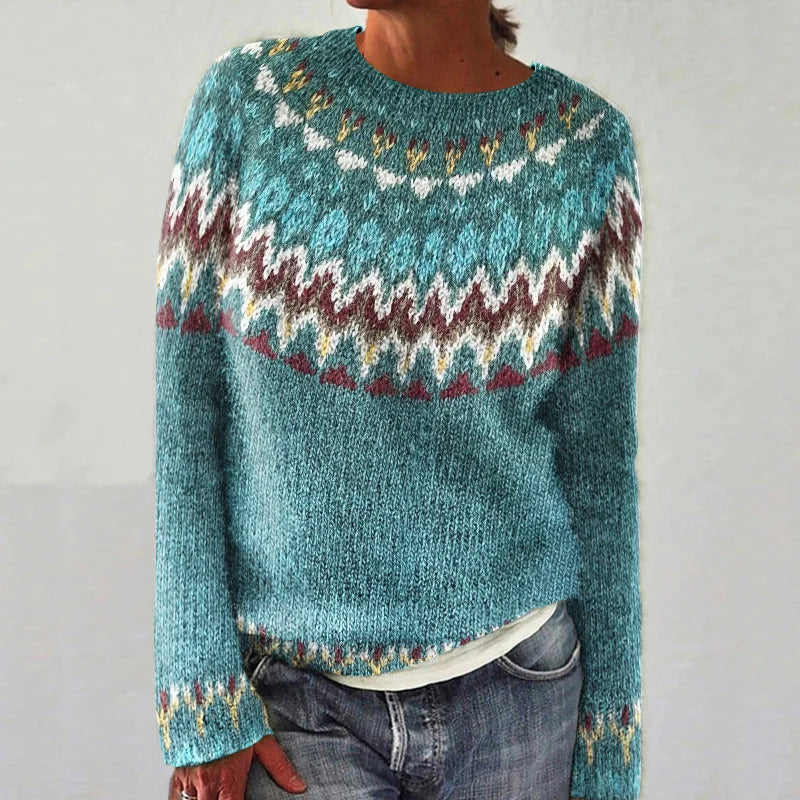FINLEY™ boho wave knit sweater on model, teal with fair isle wave yoke and patterned cuffs