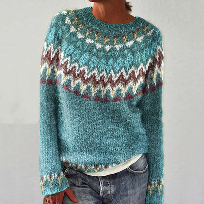 FINLEY™ boho wave knit sweater on model, teal with fair isle wave yoke and patterned cuffs
