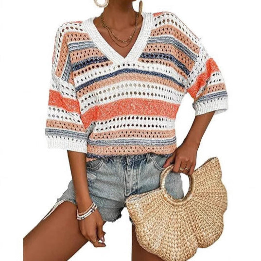 KELISE™ striped crochet V-neck summer top in cream, blue, and orange tones