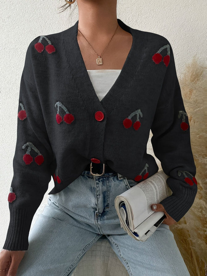 Black button-front long-sleeve cardigan with red cherry print and V-neck