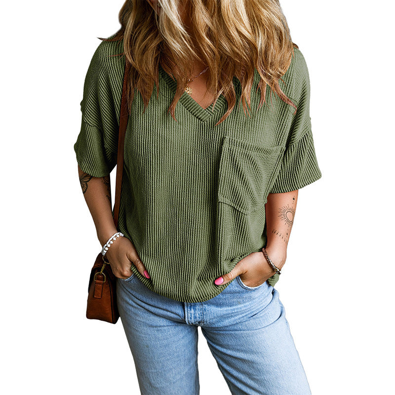 JANELLE™ textured V-neck tee with chest pocket, short sleeves, green