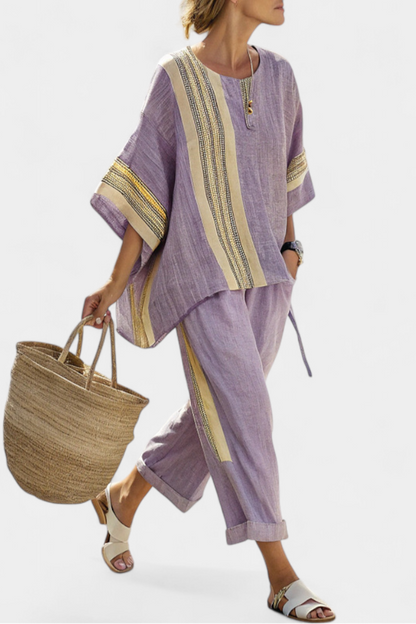 Lavender tunic top with striped yoke and matching cropped trousers