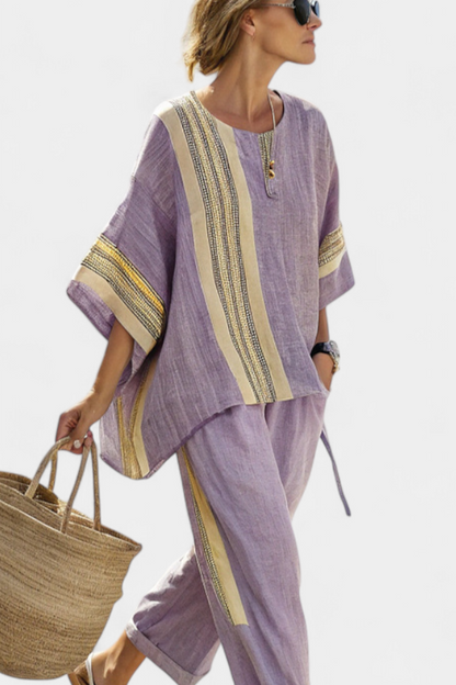Lavender tunic top with gold-striped trim and matching cropped trousers