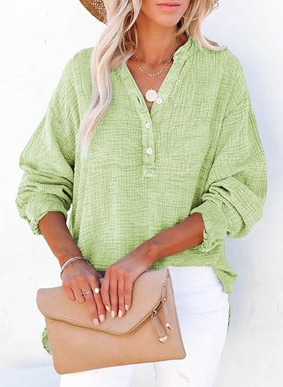 Women’s casual V-neck blouse, long sleeves, button-front, textured light green fabric