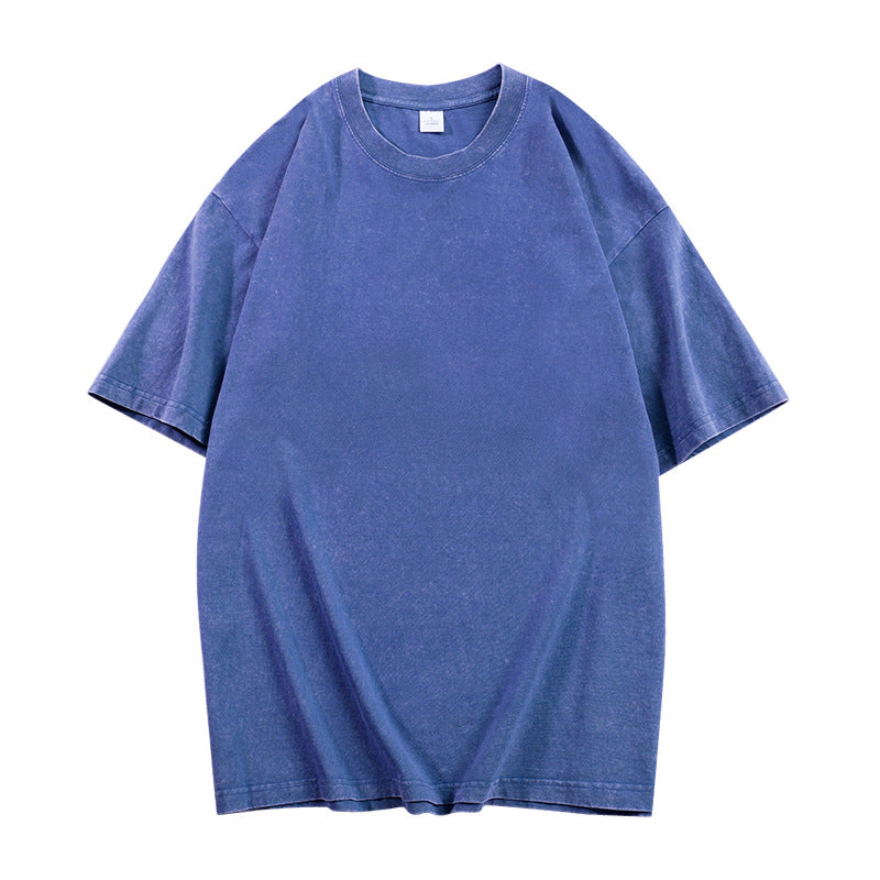 Blue loose-fit crewneck top with short sleeves and ribbed neckline
