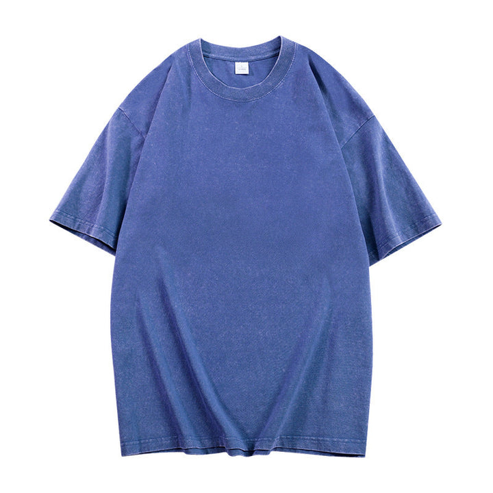 Blue loose-fit crewneck top with short sleeves and ribbed neckline