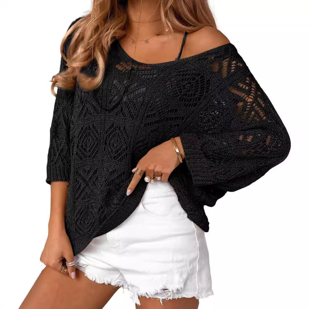Lightweight crochet pullover sweater with batwing sleeves, off-shoulder, black