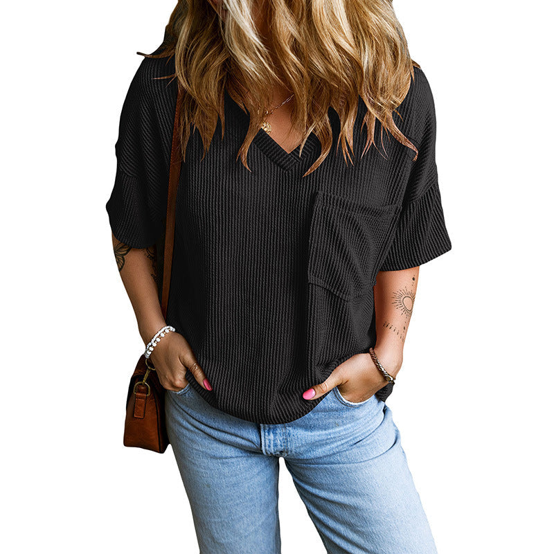 JANELLE™ textured V-neck tee with chest pocket, short sleeves, black