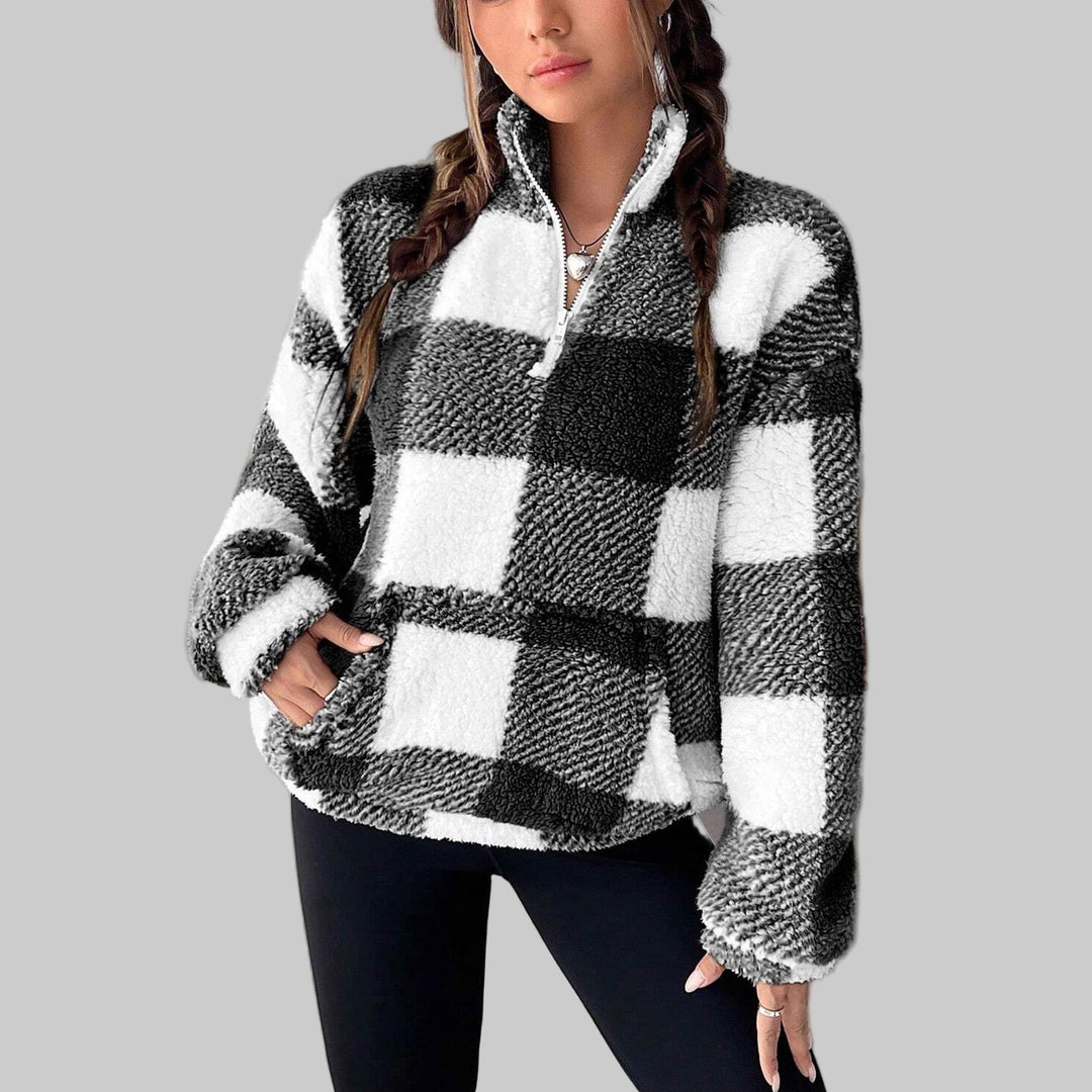 Plaid fleece pullover with half-zip neck, dark gray and white check blocks