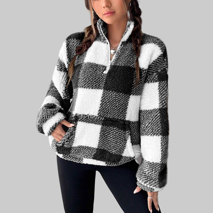 Plaid fleece pullover with half-zip neck, dark gray and white check blocks