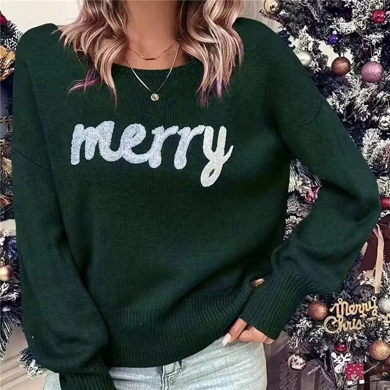 VIOLET™ cozy round-neck sweater, dark green with 'Merry' knit graphic, long sleeves