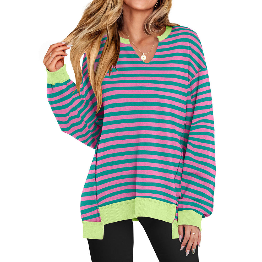 Oversized long-sleeve top in pink and green stripes with lime green contrast hem and cuffs