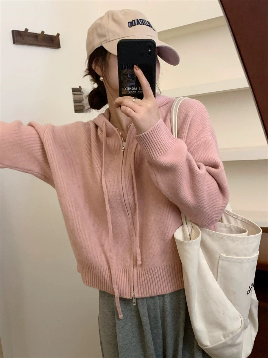 Hooded zip-up cardigan with drawstring hood, pink knit sweater