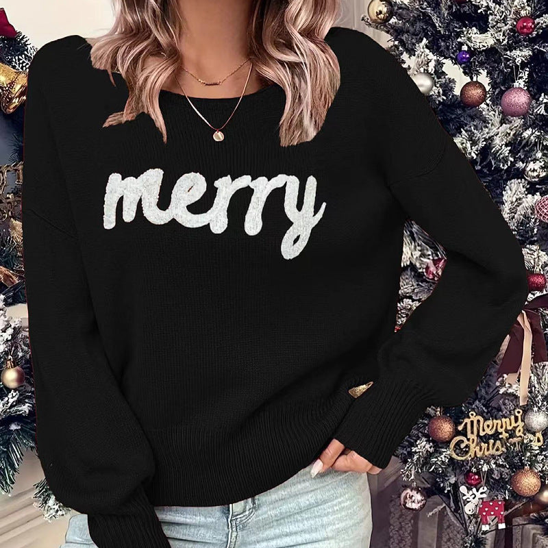 VIOLET™ cozy round-neck sweater, black with 'Merry' knit graphic, long sleeves