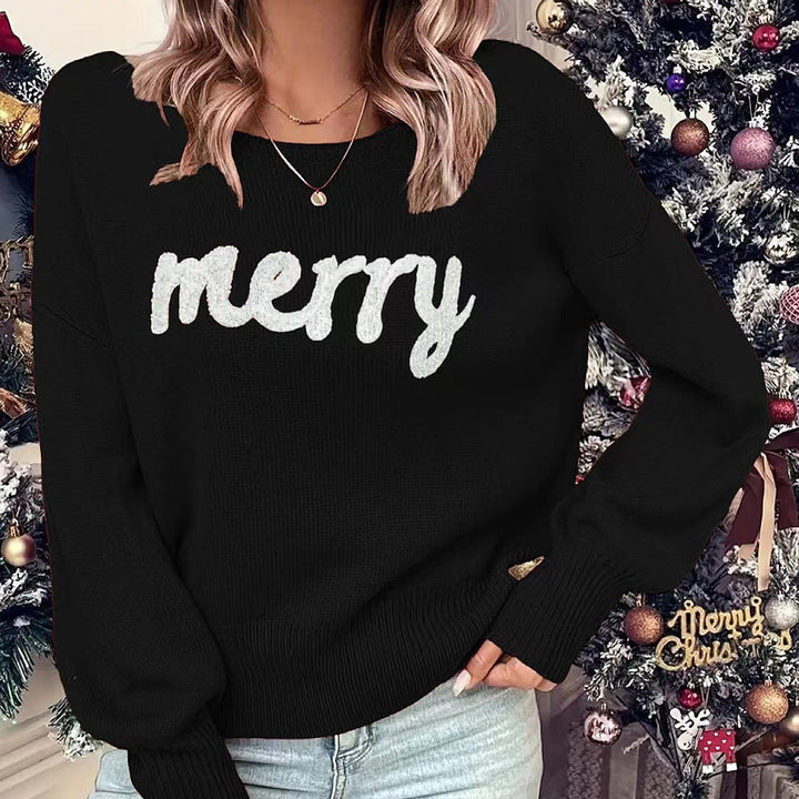 VIOLET™ cozy round-neck sweater, black with 'Merry' knit graphic, long sleeves