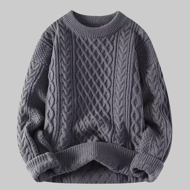 Gray textured cable-knit sweater, round crew neck, long sleeves, ribbed cuffs and hem