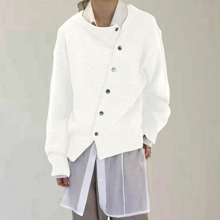 White asymmetric button cardigan with long sleeves and button-front placket