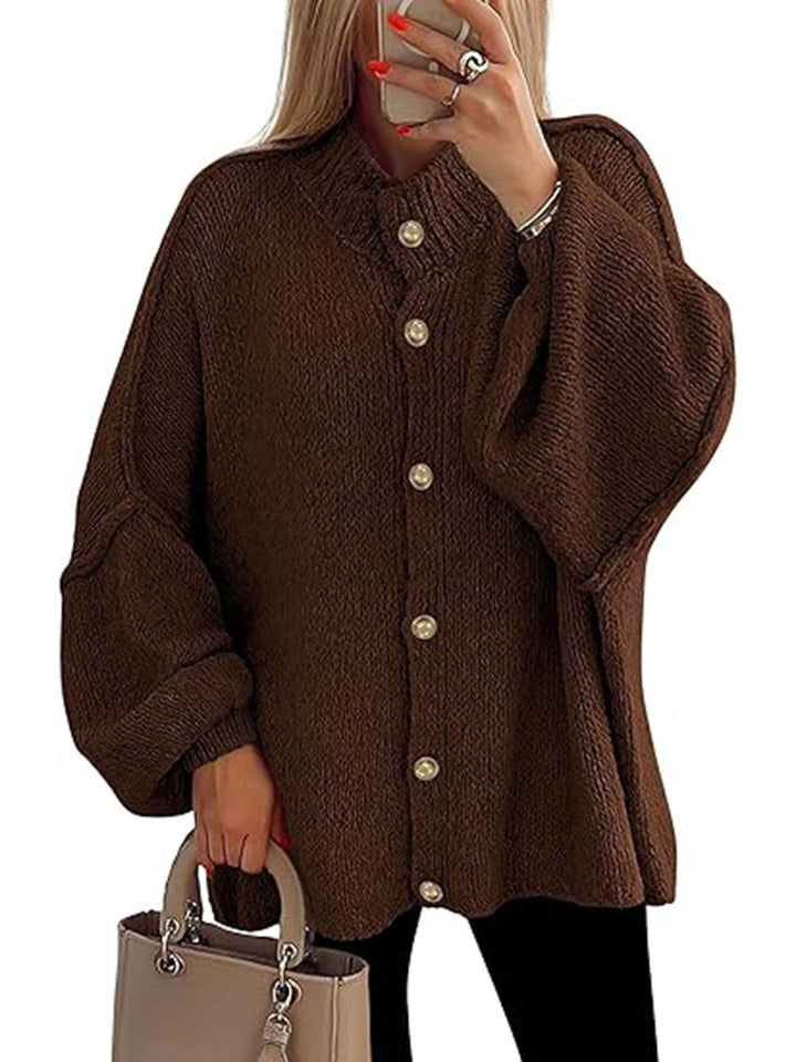 Cozy button-down long sleeve chunky knit jacket in dark brown with gold buttons