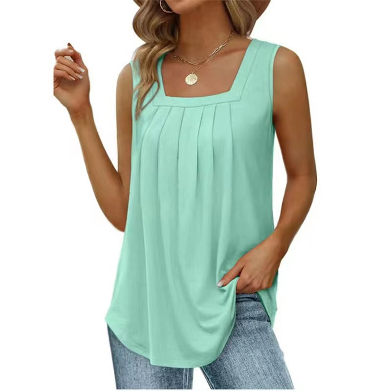 Mint green sleeveless tank top with square neckline and pleated front