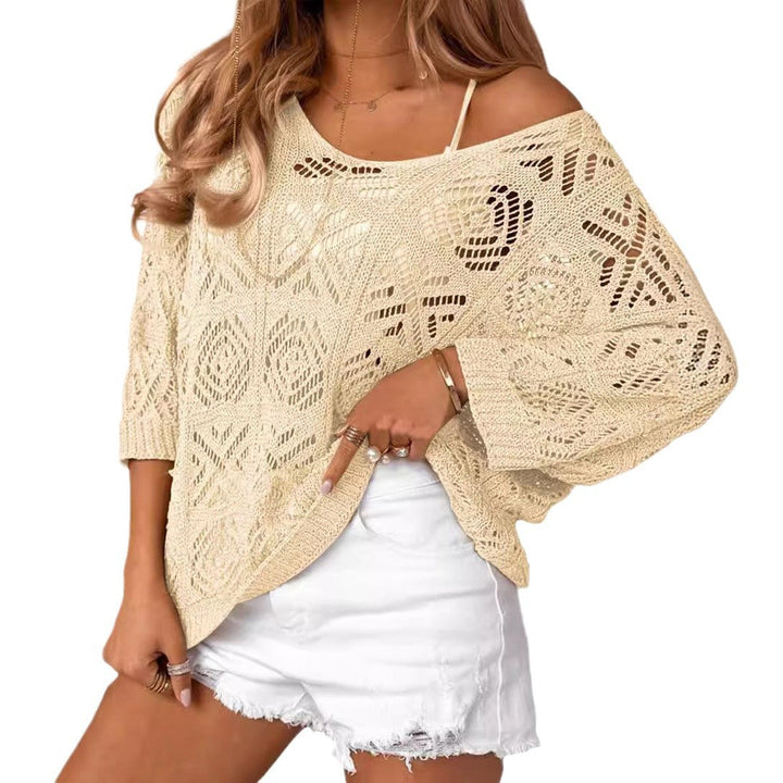 Lightweight crochet pullover sweater with batwing sleeves, off-shoulder, light apricot