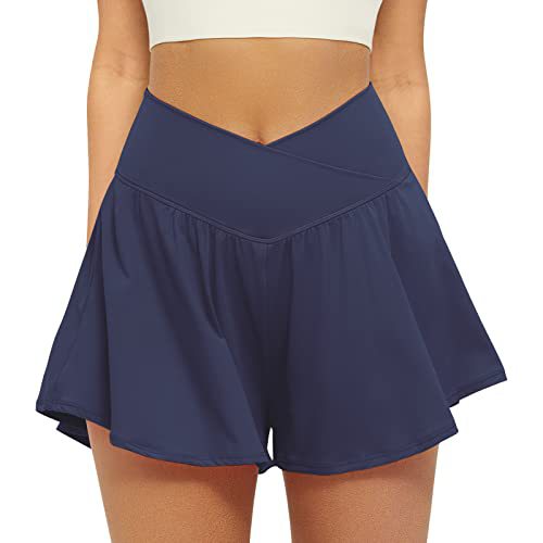 High waist active skort in navy blue, flowy pleated skirt with inner shorts
