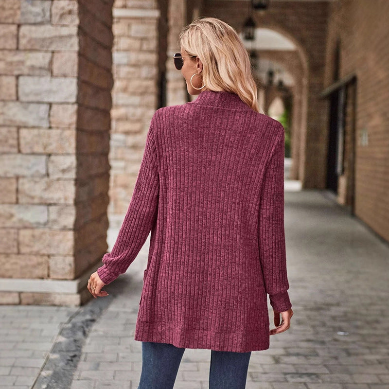 Claret ribbed knit open-front cardigan back view with long sleeves and patch pockets