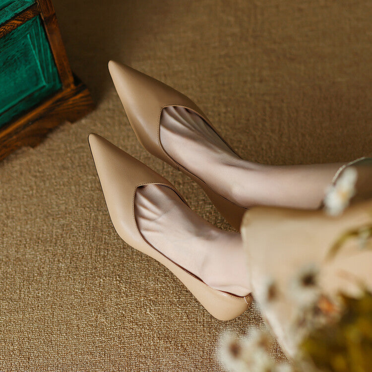 Beige pointed-toe pumps with low block heel, pair view