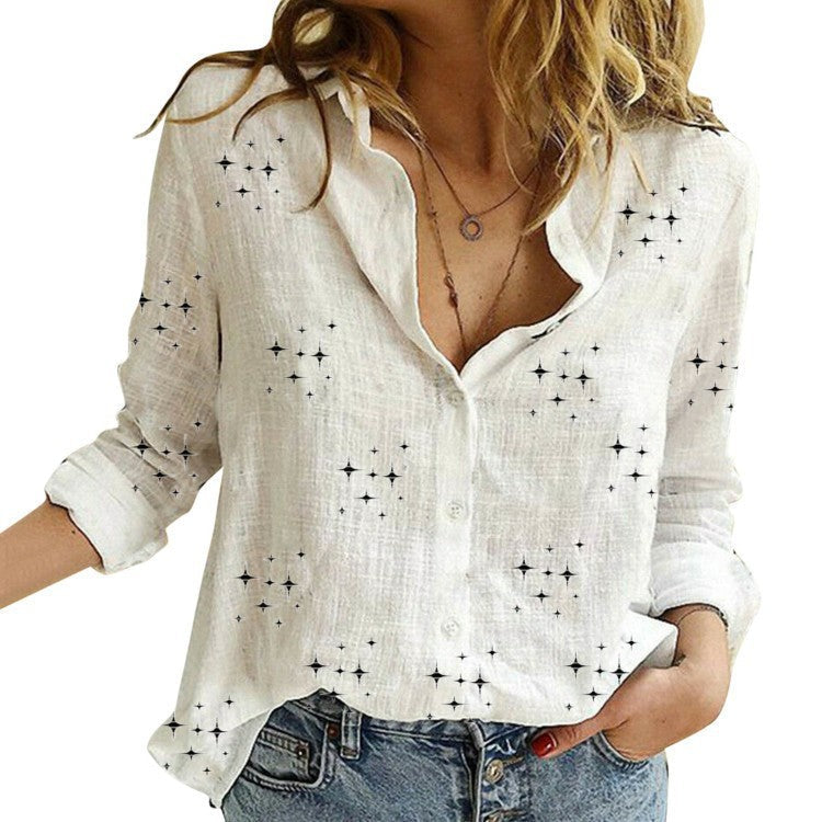 Cream women’s button-front blouse with star print, V-neck and long sleeves