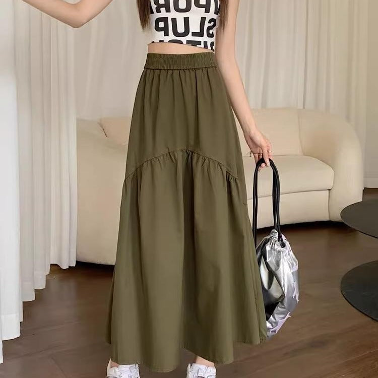 Olive tiered long skirt with elastic waistband, flowy A-line hem
