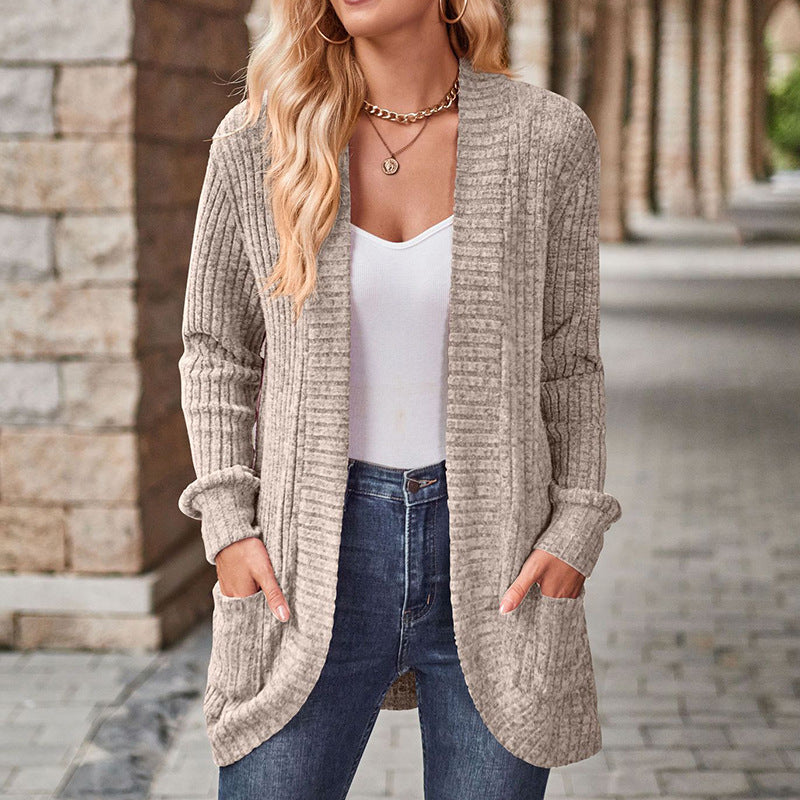 Gray lightweight open-front cardigan with long sleeves, patch pockets, ribbed knit