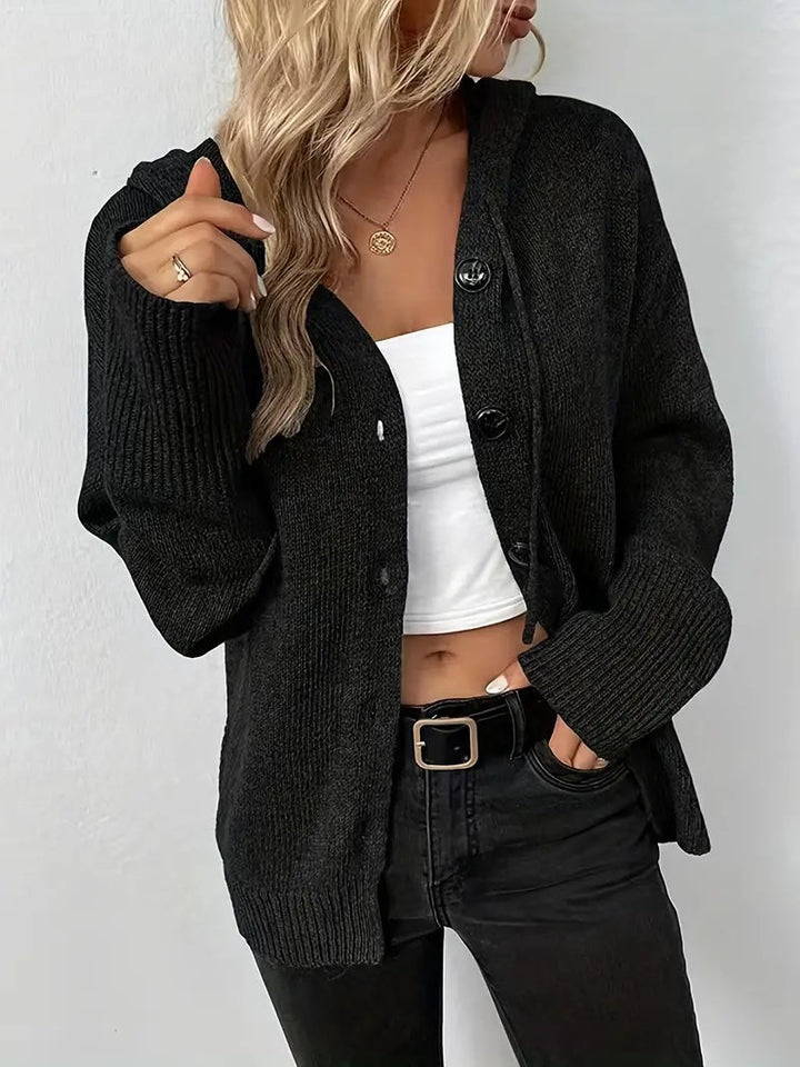 Black hooded button-front cardigan with black buttons, ribbed cuffs
