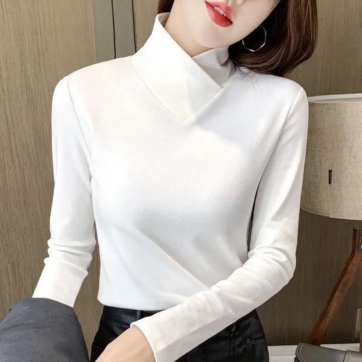 Women’s ENORA™ top in white, long sleeves, V-neck with high pointed collar