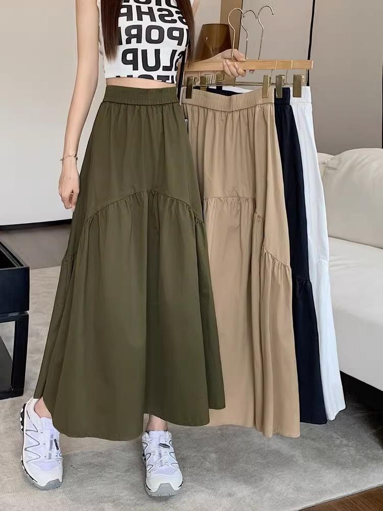 Olive long skirt with elastic waistband and layered ruffle panels