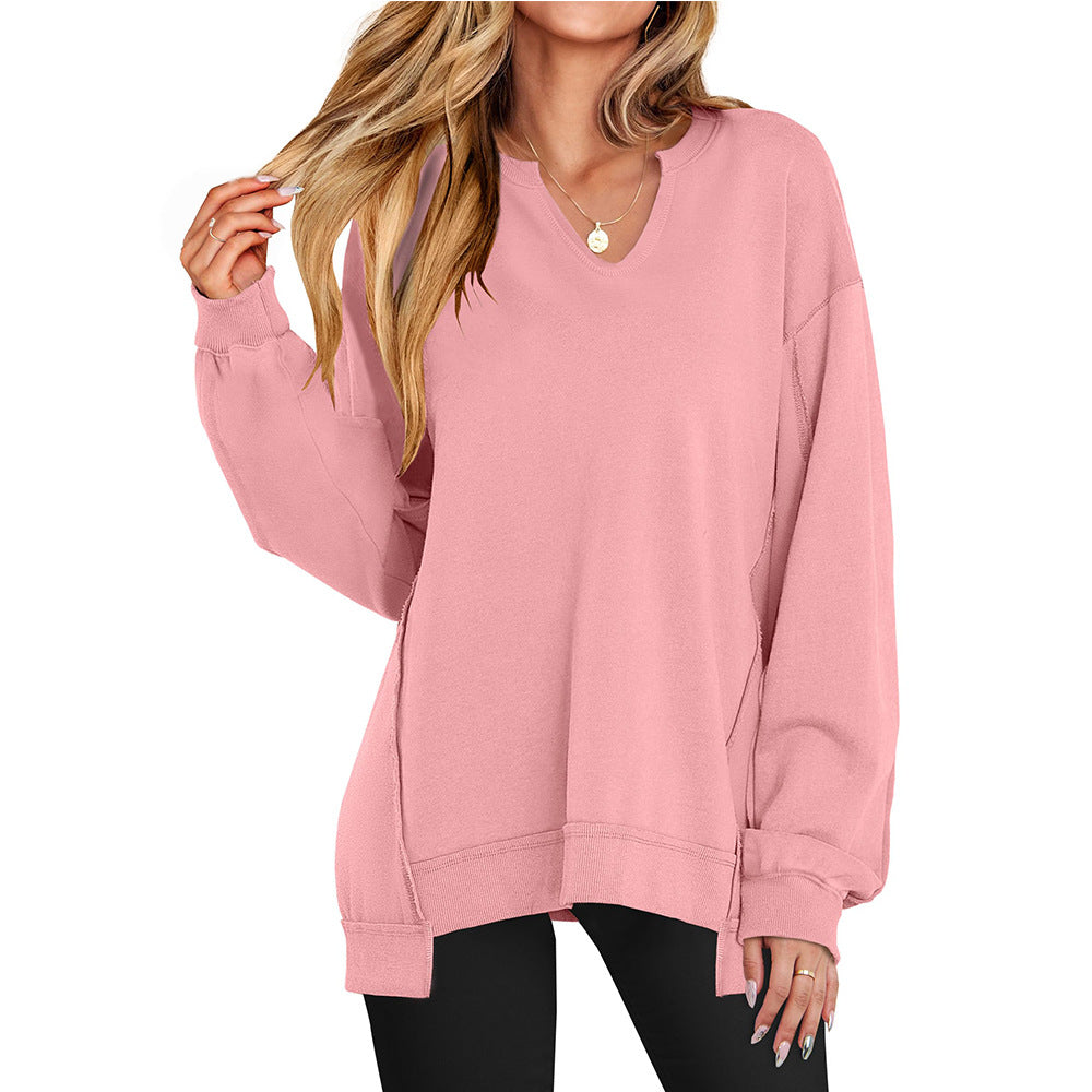 Oversized long-sleeve top in rose pink with V-neck and gathered cuff detail