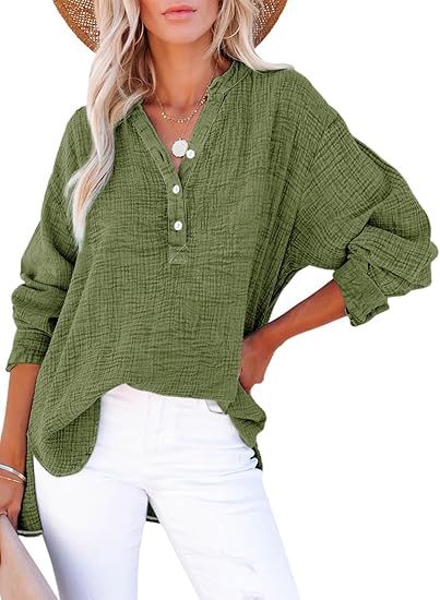 Women’s casual V-neck blouse, long sleeves, button-front, textured green fabric
