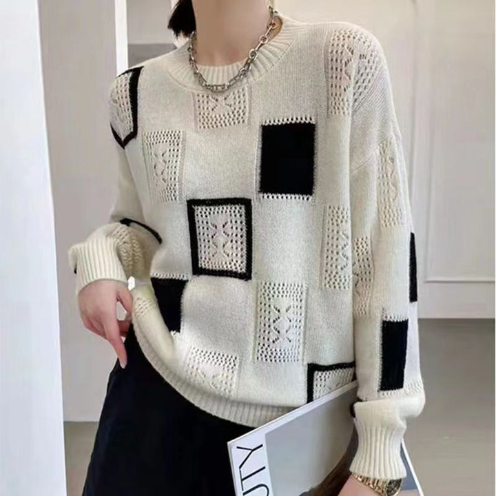 Elegant knit sweater, white with black square patches, textured knit, ribbed cuffs