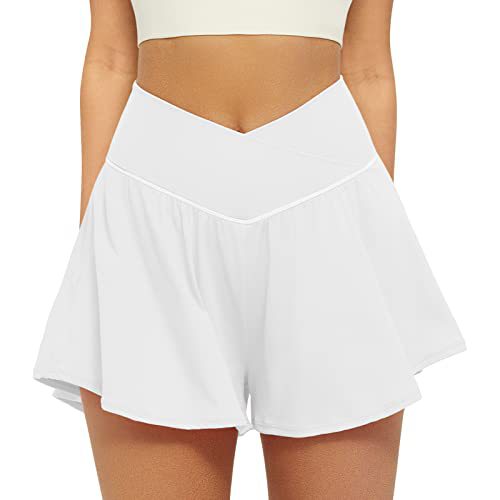 High waist active skort in white, flowy pleated skirt with inner shorts