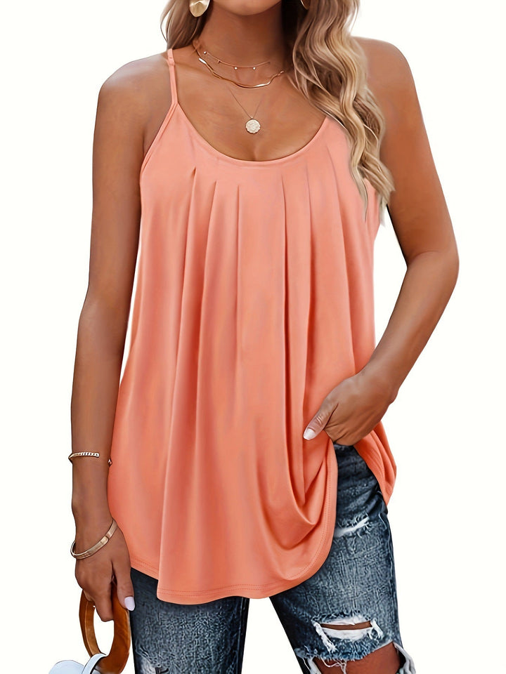 Women’s lightweight spaghetti-strap top, pink, scoop neck, pleated front, draped hem