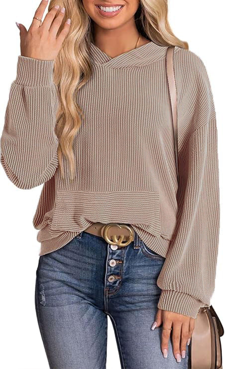 Light brown long-sleeve hoodie with hood and ribbed cuffs, kangaroo pocket