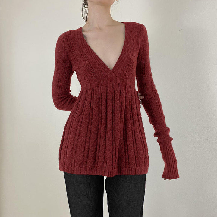 Red V-neck long-sleeve sweater with ribbed knit and gathered A-line hem